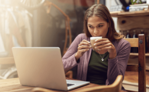 woman sipping coffee after virtual therapy in simi valley
